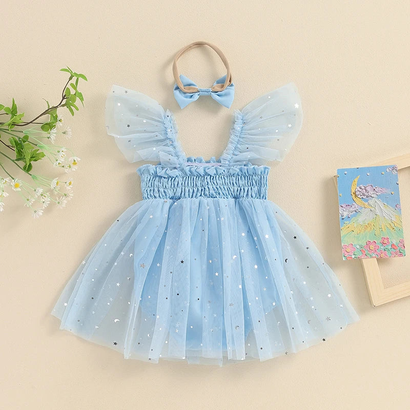 KMK - Blue Sequins Star Romper Dress + Headband