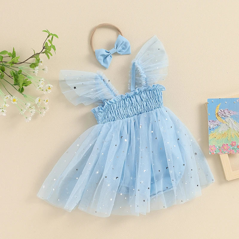 KMK - Blue Sequins Star Romper Dress + Headband