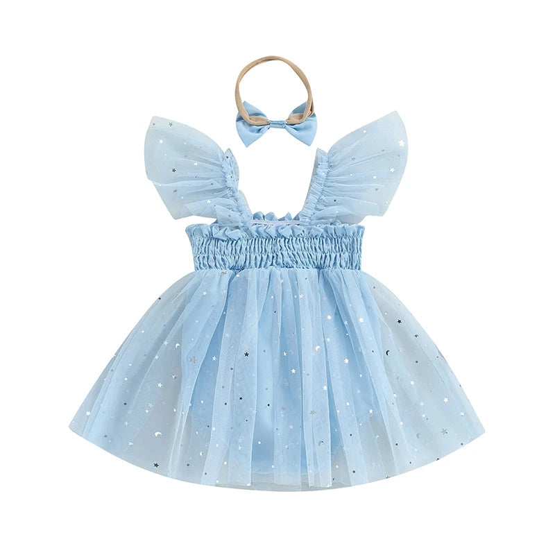 KMK - Blue Sequins Star Romper Dress + Headband