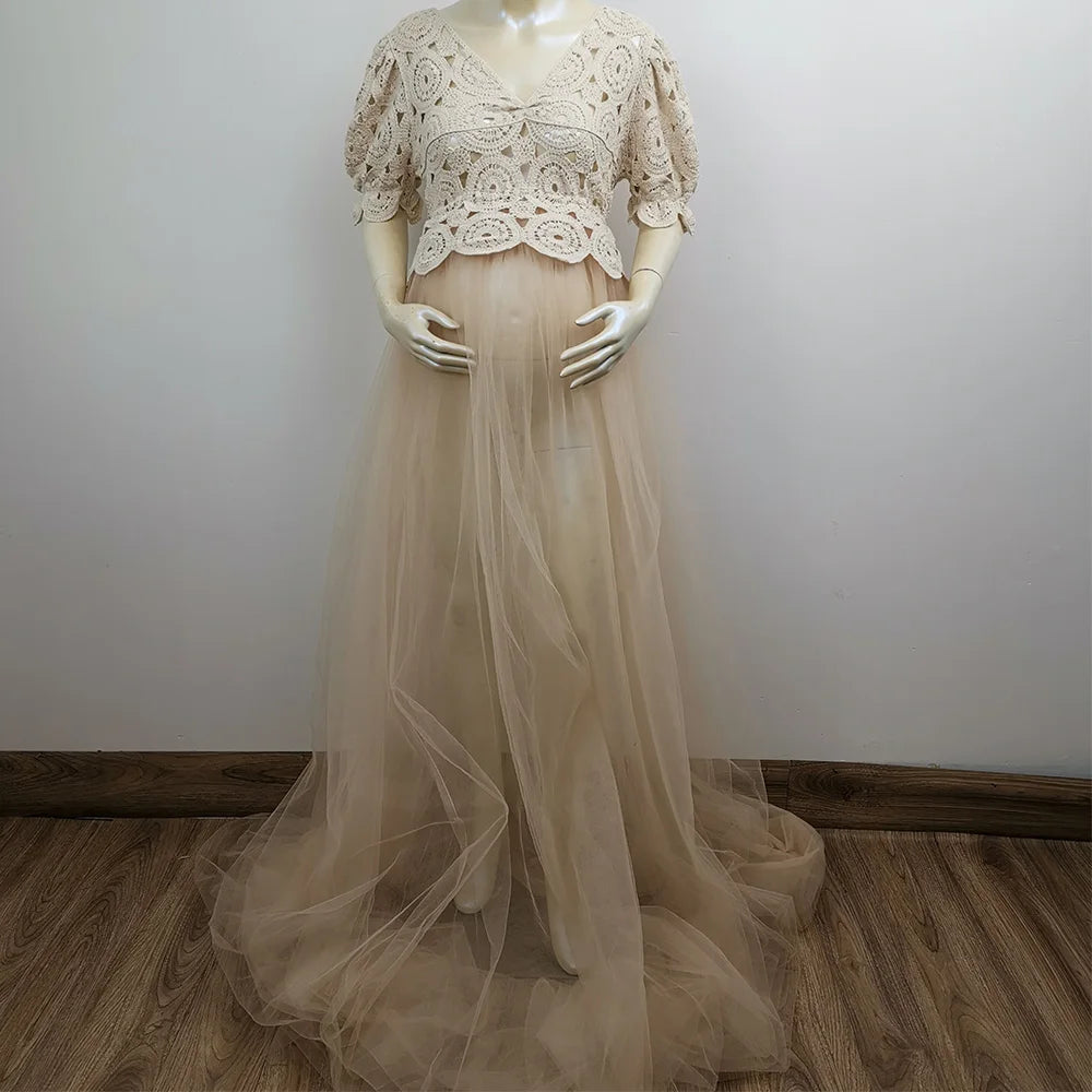 KMK - Boho Tulle Short Sleeve Beige Maternity Gown