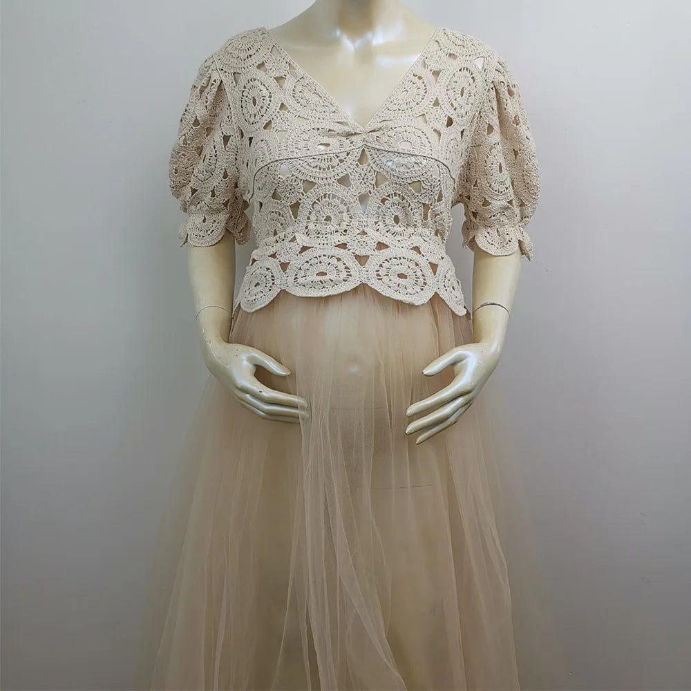 KMK - Boho Tulle Short Sleeve Beige Maternity Gown