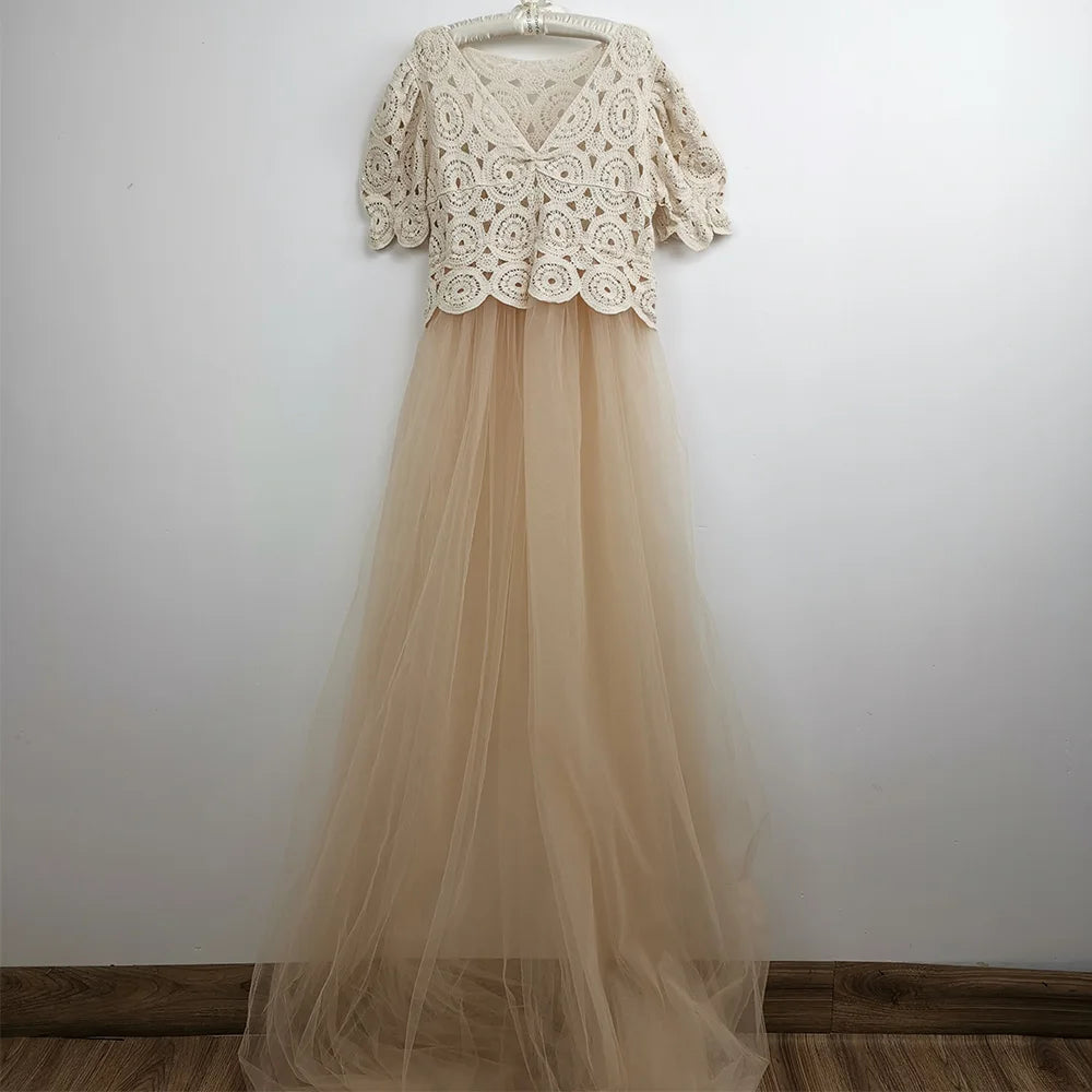 KMK - Boho Tulle Short Sleeve Beige Maternity Gown