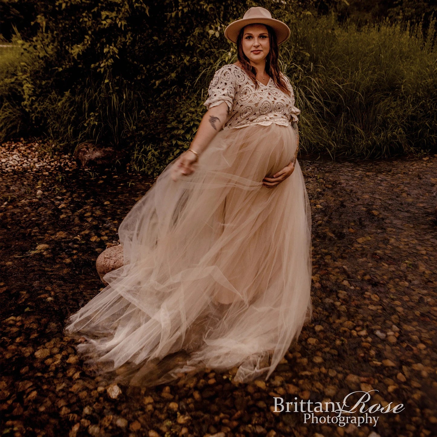 KMK - Boho Tulle Short Sleeve Beige Maternity Gown