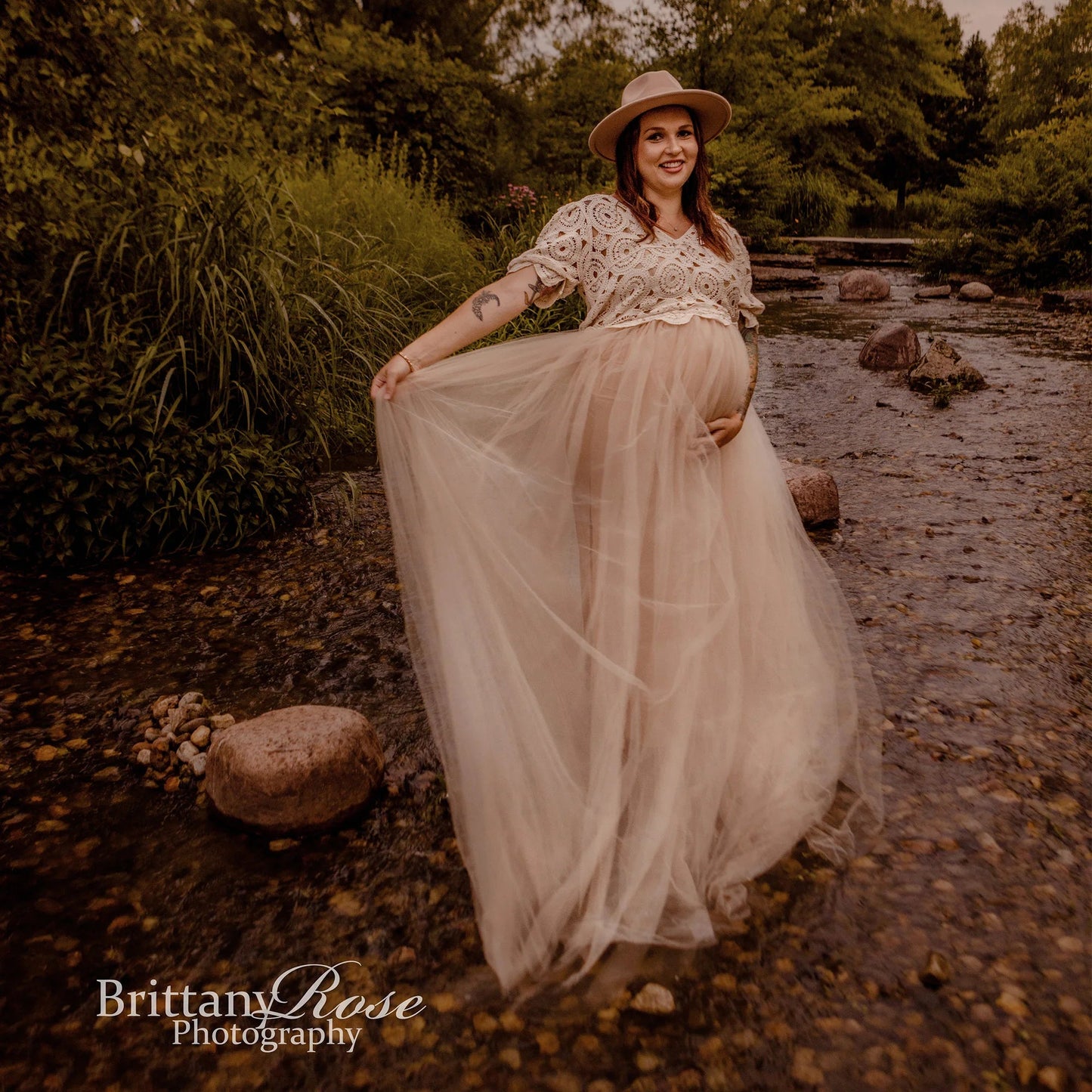 KMK - Boho Tulle Short Sleeve Beige Maternity Gown