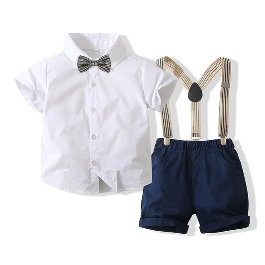 KMK - Boys BowTie Outfit 2 Piece Set (White & Dark Blue)