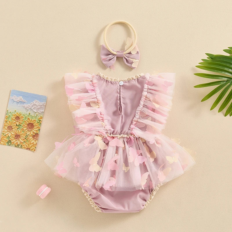 KMK - Butterfly Embellished Sleeveless Baby Mesh Romper + Headband