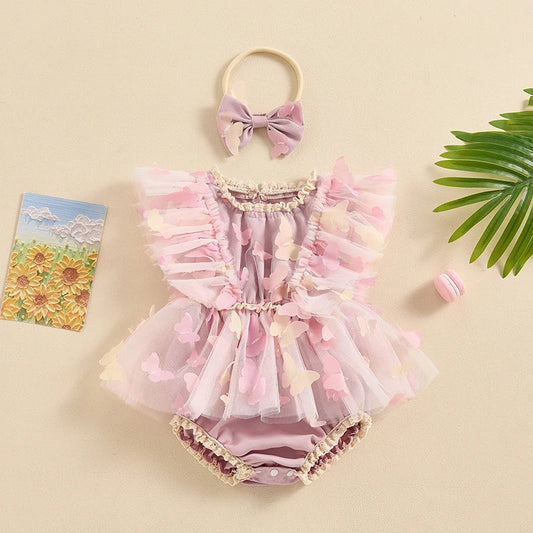 KMK - Butterfly Embellished Sleeveless Baby Mesh Romper + Headband