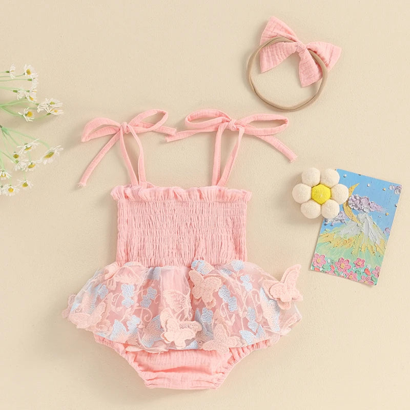 KMK - Butterfly Embroidery Romper Dress + Headband