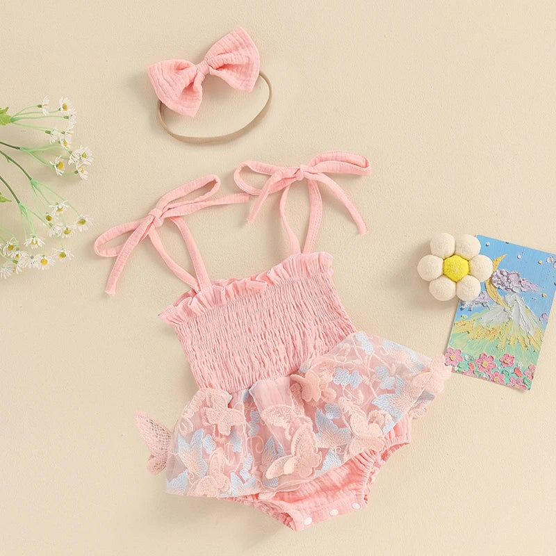 KMK - Butterfly Embroidery Romper Dress + Headband