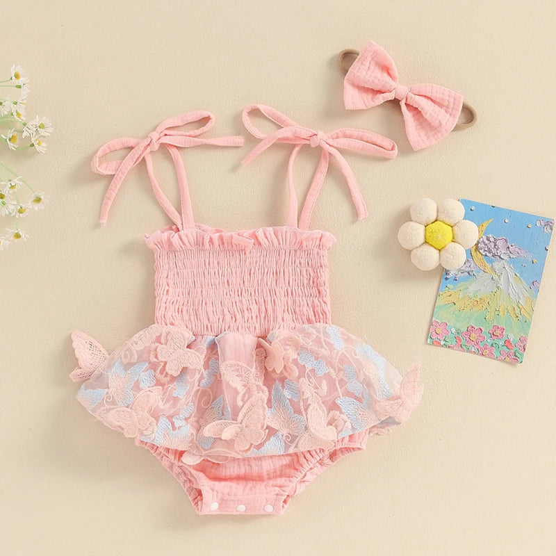 KMK - Butterfly Embroidery Romper Dress + Headband