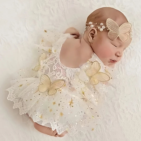 KMK - Butterfly Glitter Romper + Pearl Headband