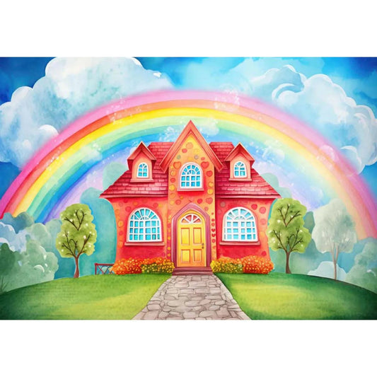 KMK - Cartoon Heart Rainbow House Poly Photography Backdrop