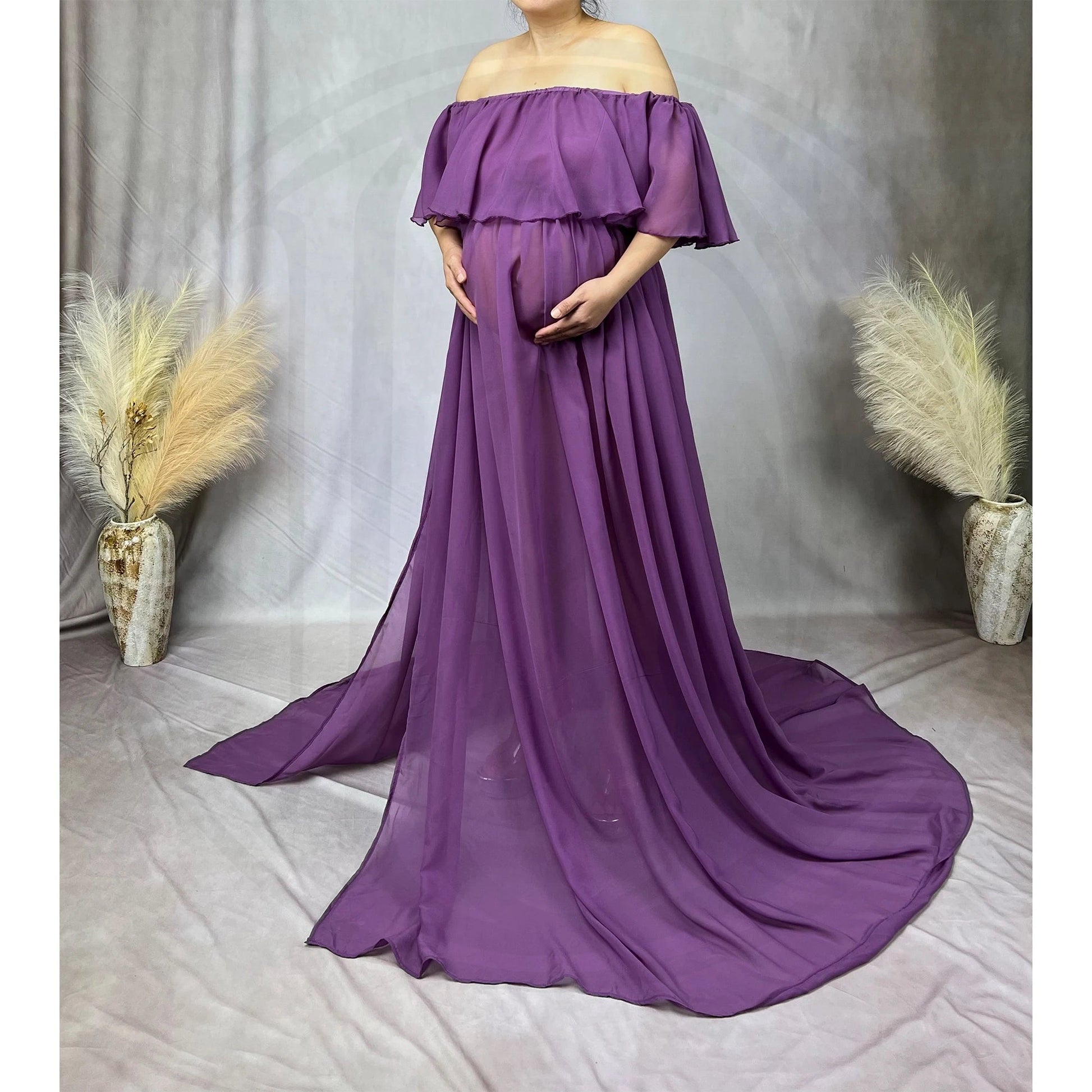 KMK - Chiffon Off The Shoulder Side Slit Maternity Gown