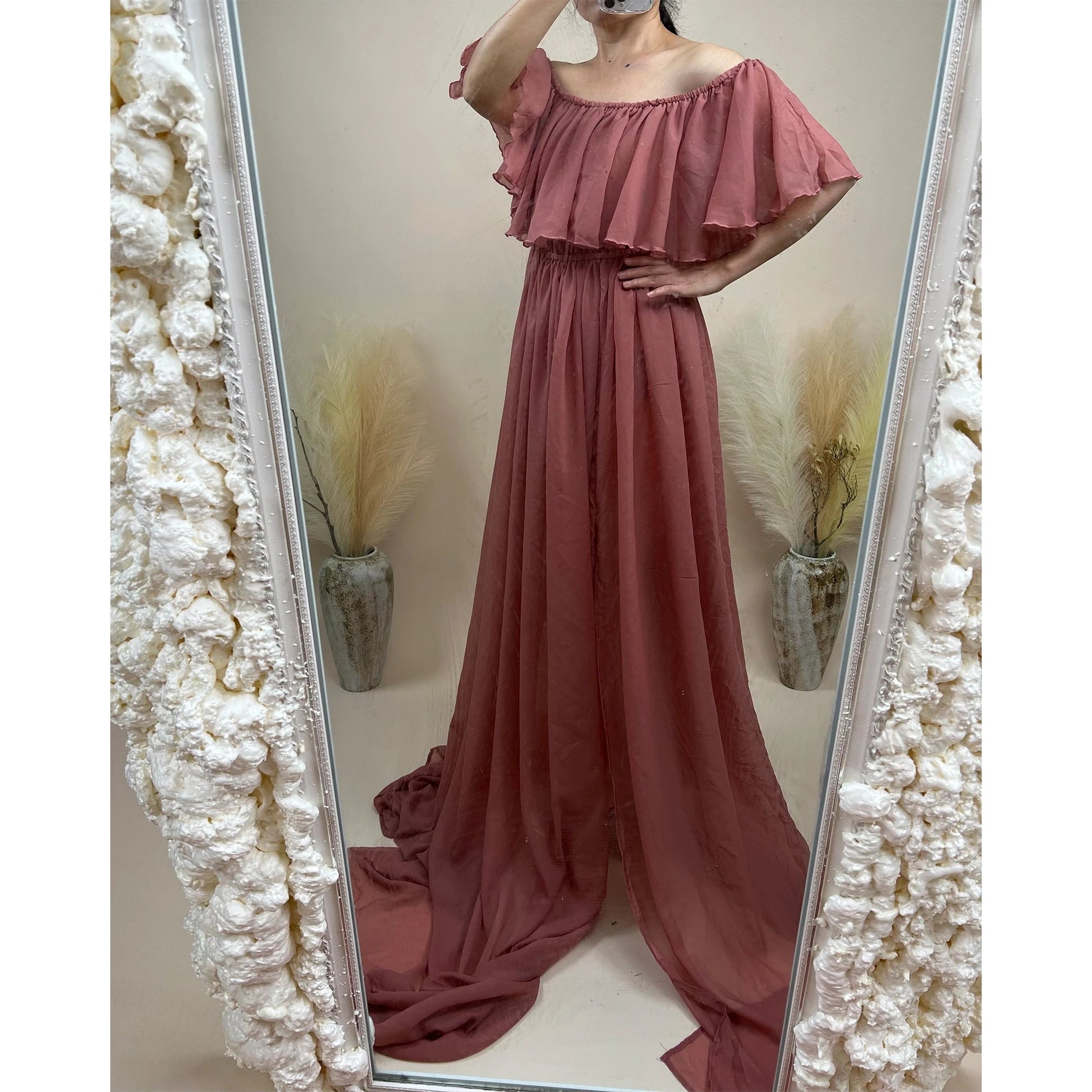 KMK - Chiffon Off The Shoulder Side Slit Maternity Gown