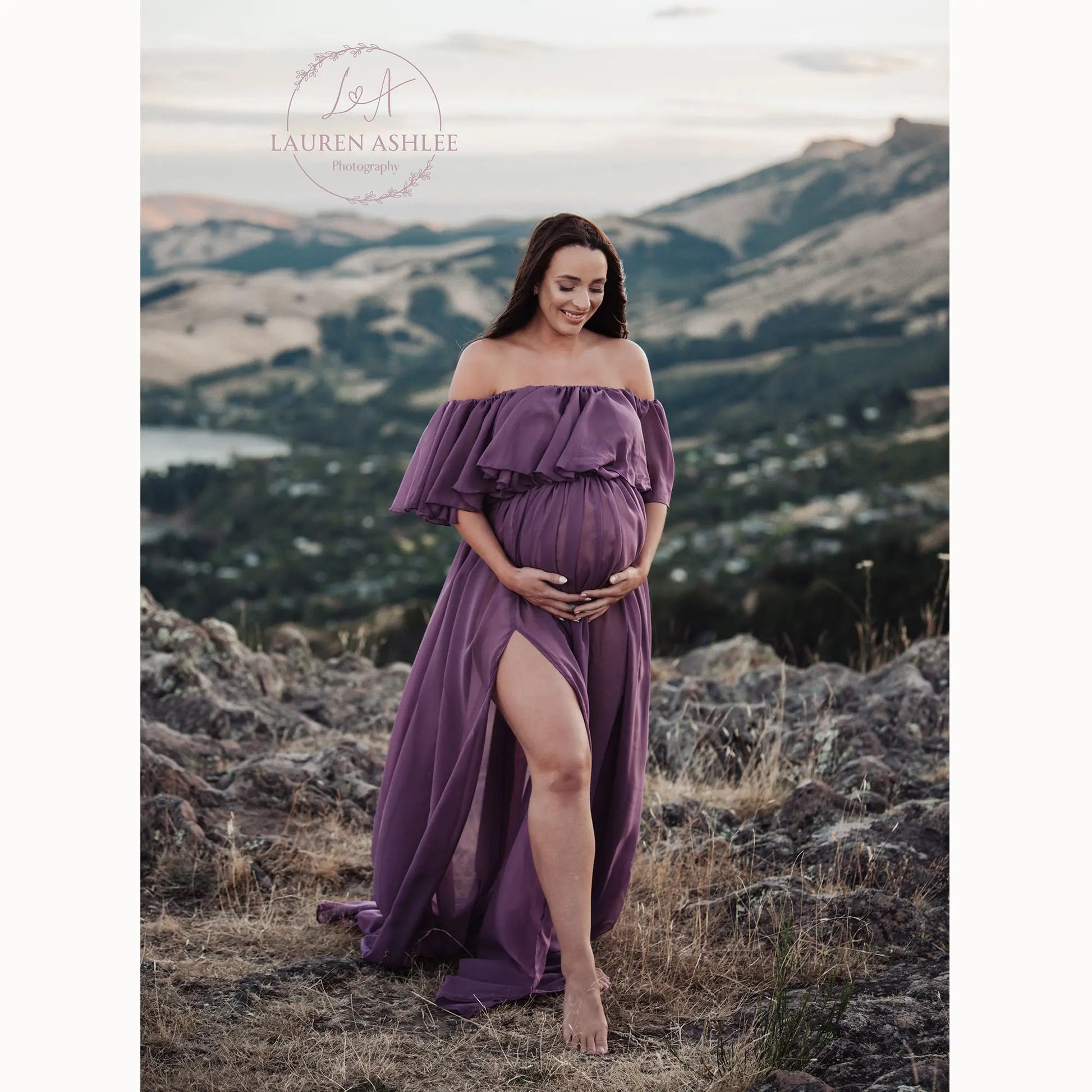 KMK - Chiffon Off The Shoulder Side Slit Maternity Gown