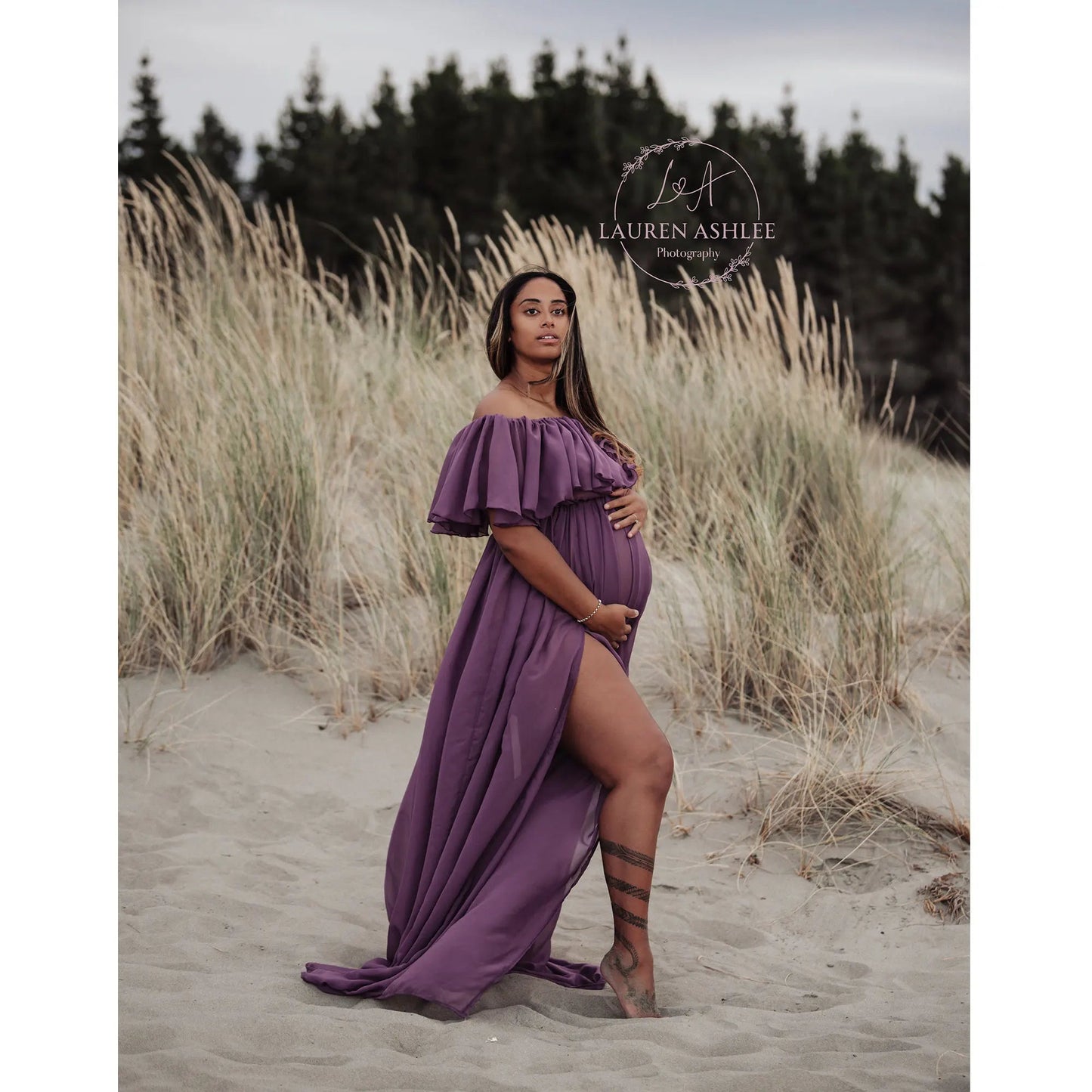 KMK - Chiffon Off The Shoulder Side Slit Maternity Gown