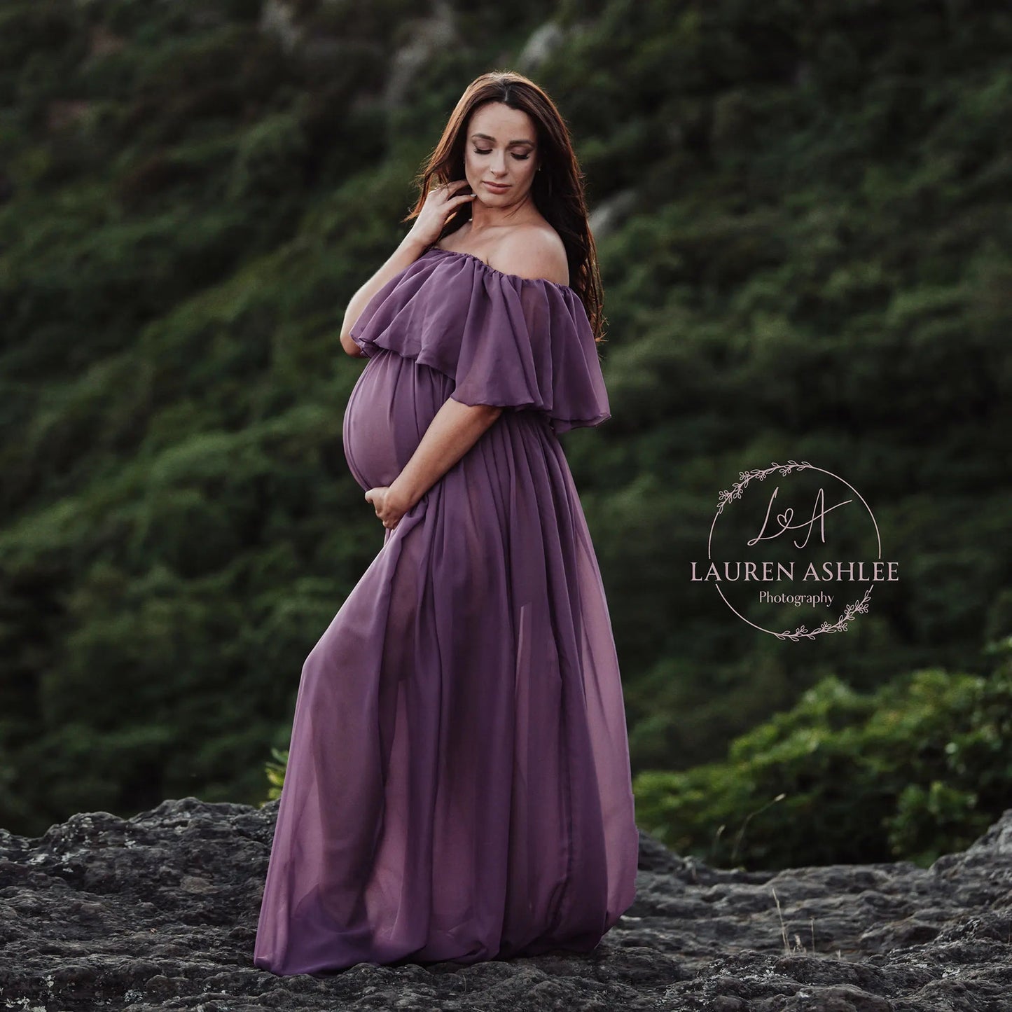 KMK - Chiffon Off The Shoulder Side Slit Maternity Gown