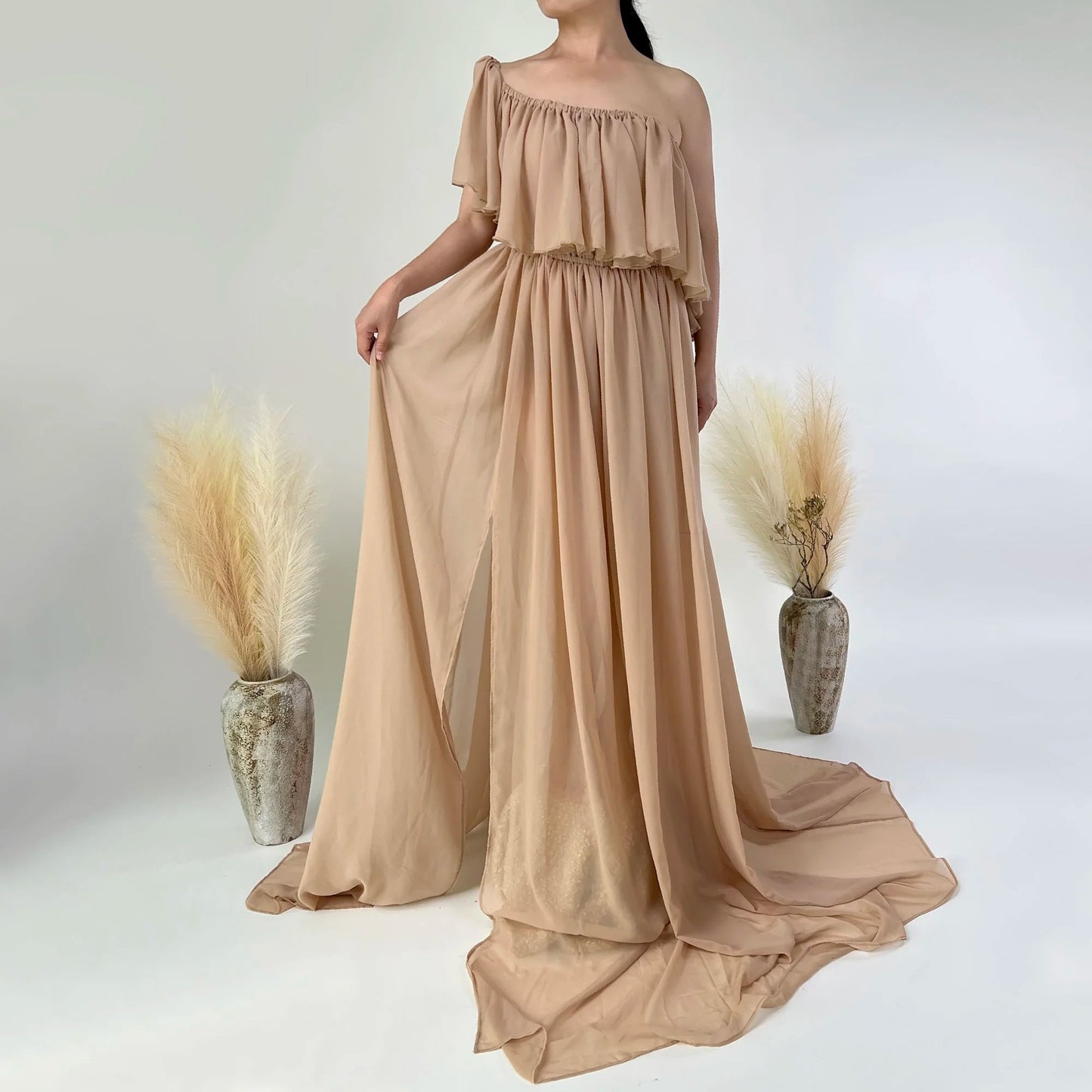 KMK - Chiffon Off The Shoulder Side Slit Maternity Gown