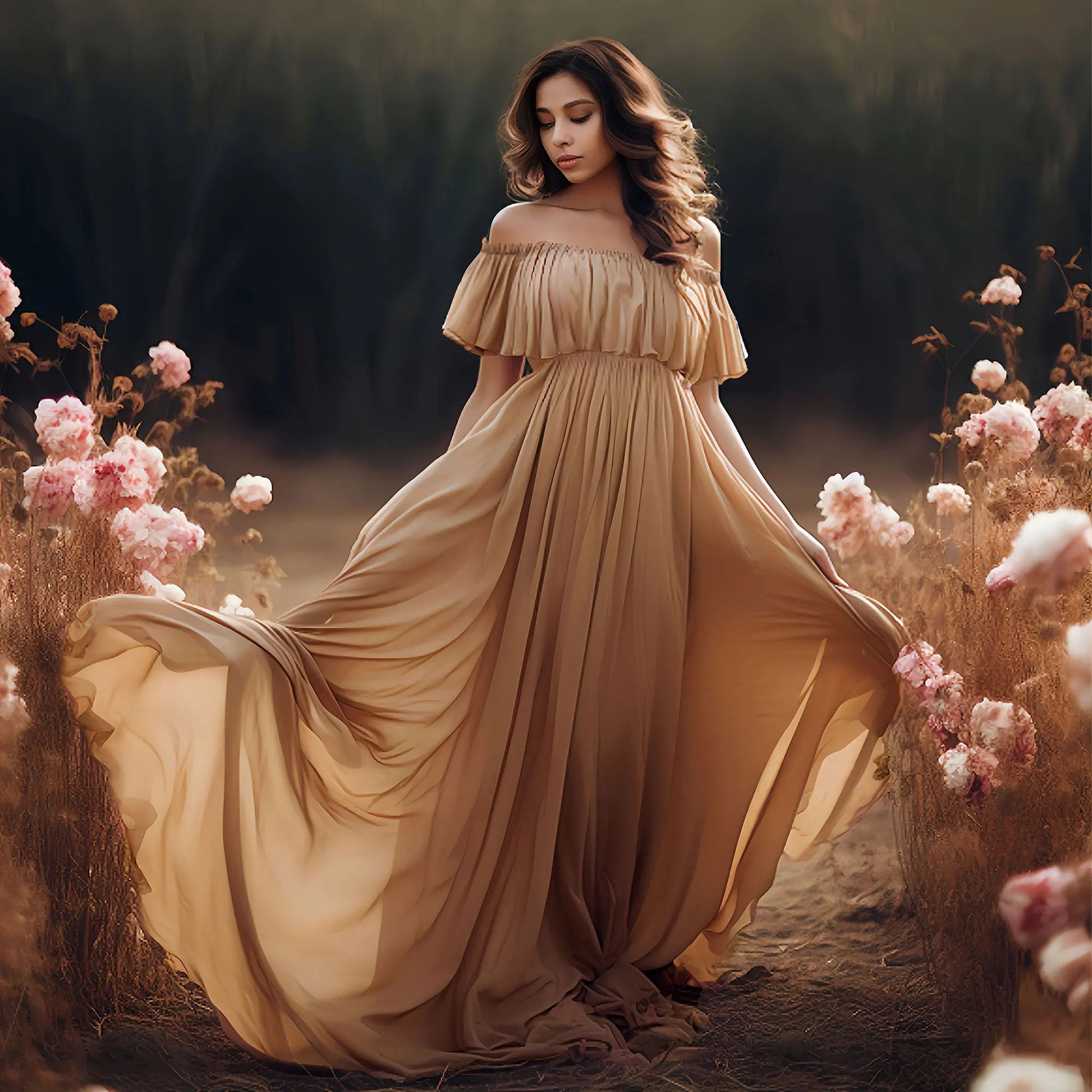 KMK - Chiffon Off The Shoulder Side Slit Maternity Gown