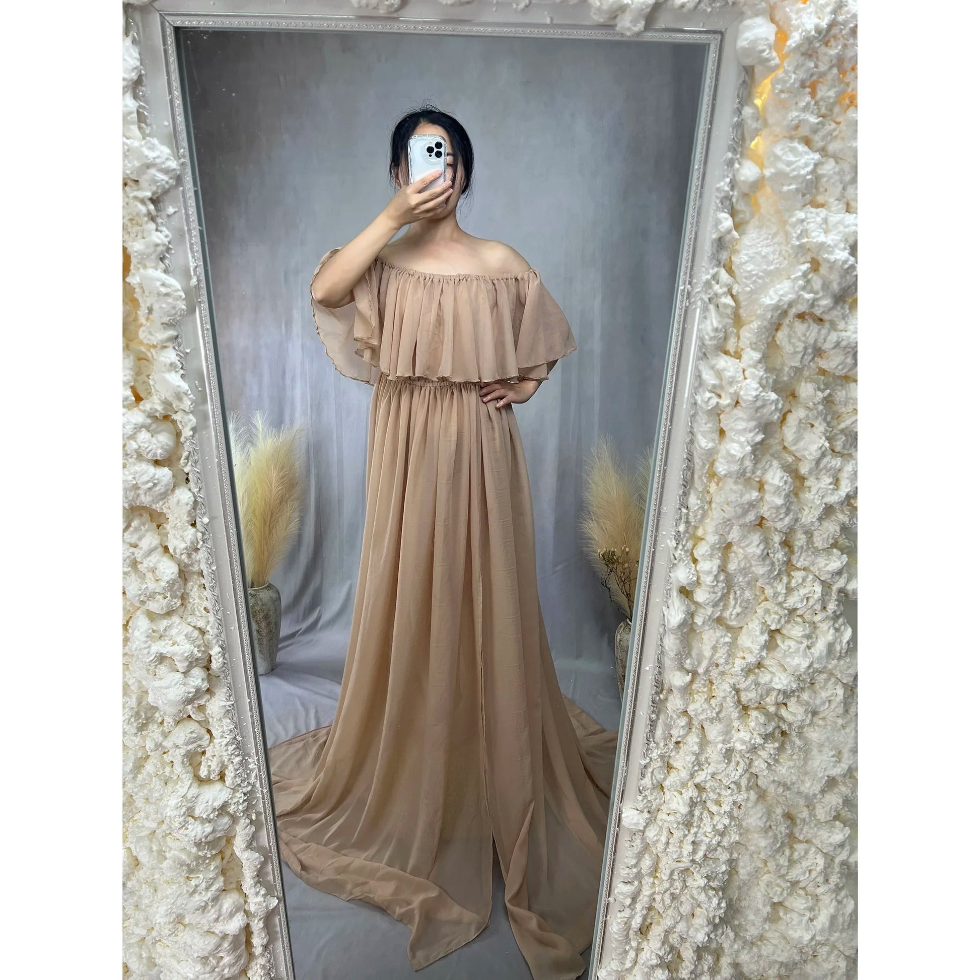 KMK - Chiffon Off The Shoulder Side Slit Maternity Gown