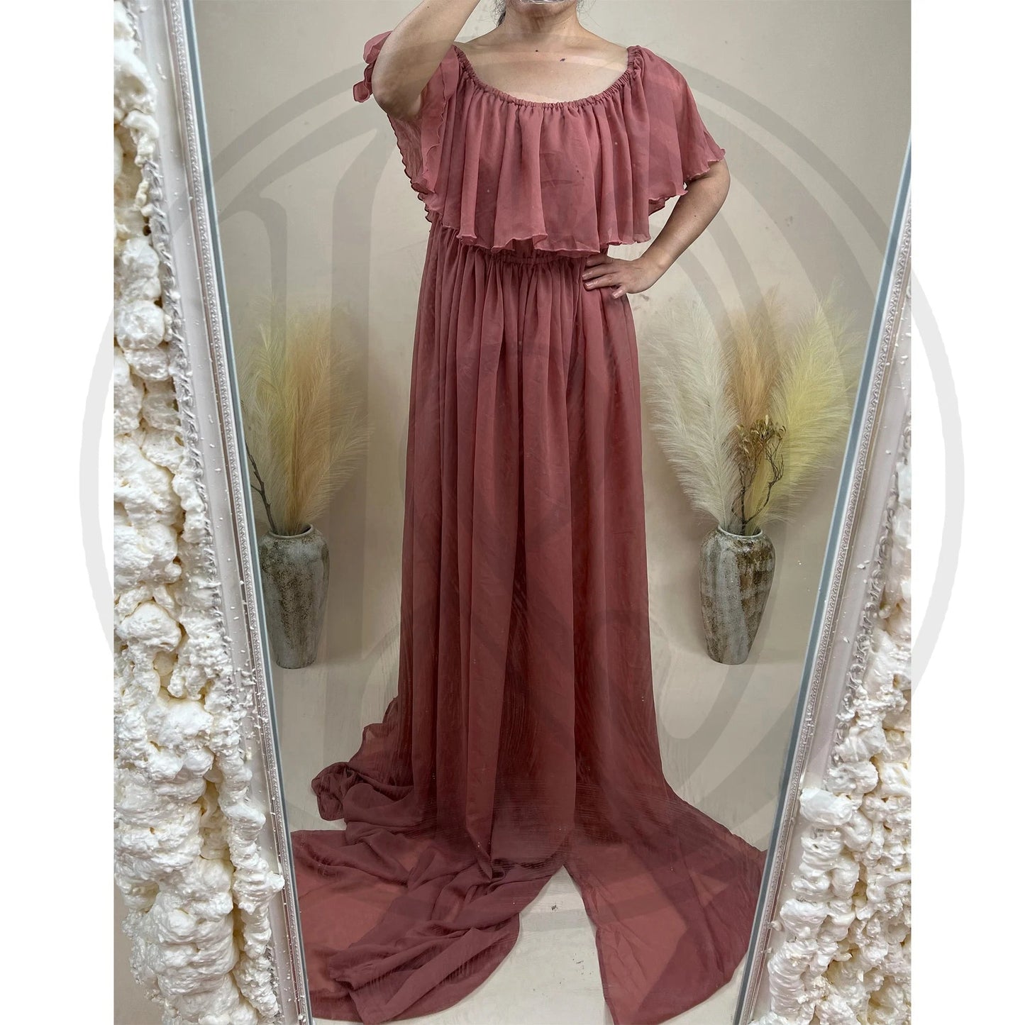 KMK - Chiffon Off The Shoulder Side Slit Maternity Gown