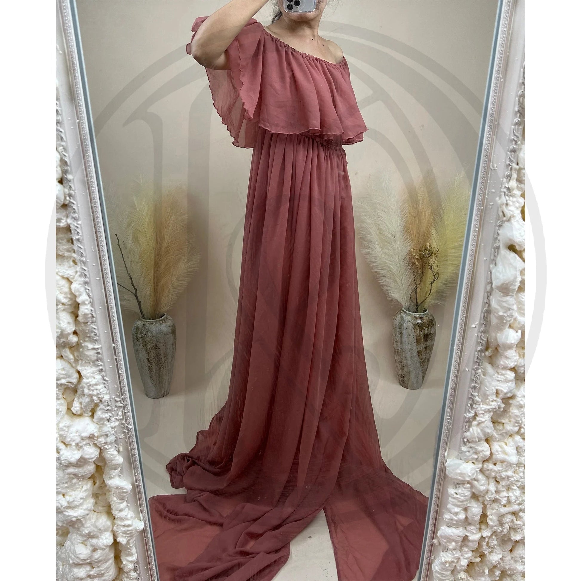 KMK - Chiffon Off The Shoulder Side Slit Maternity Gown