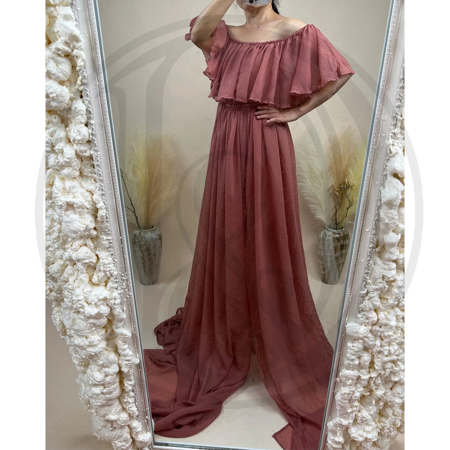 KMK - Chiffon Off The Shoulder Side Slit Maternity Gown