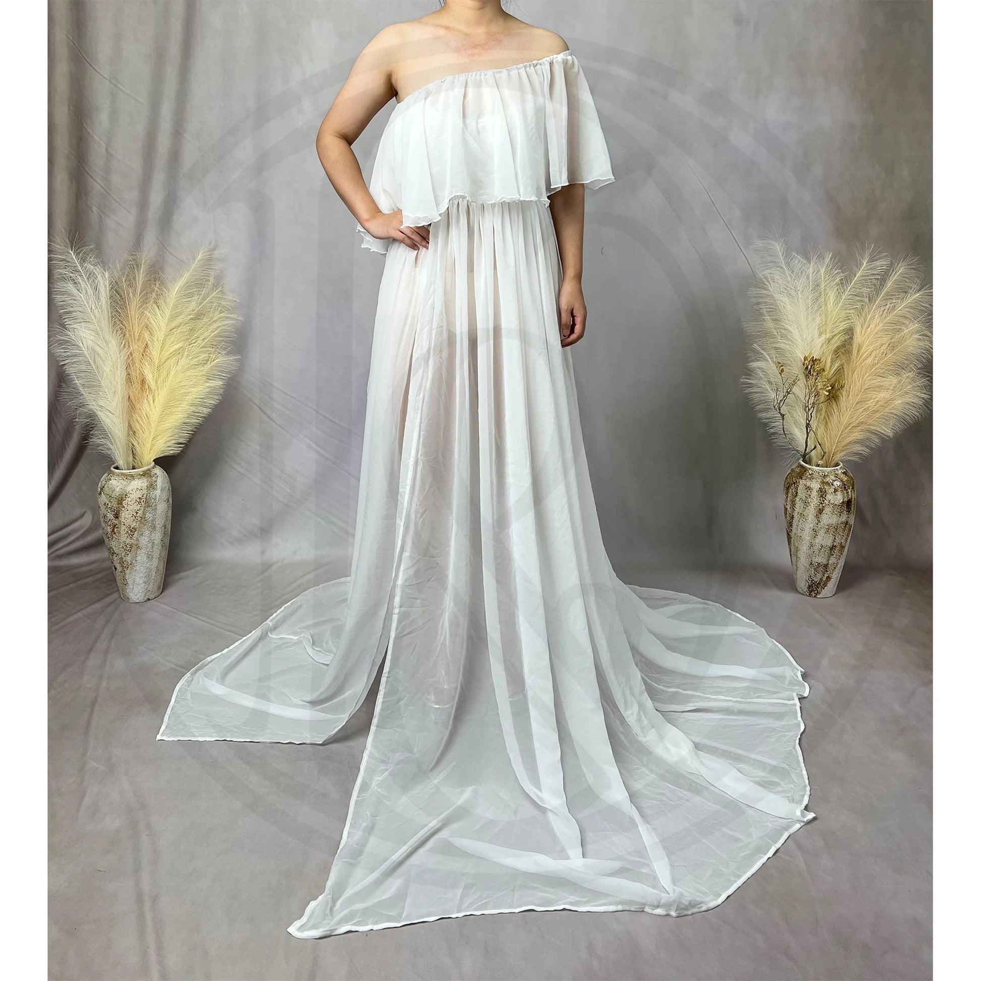 KMK - Chiffon Off The Shoulder Side Slit Maternity Gown