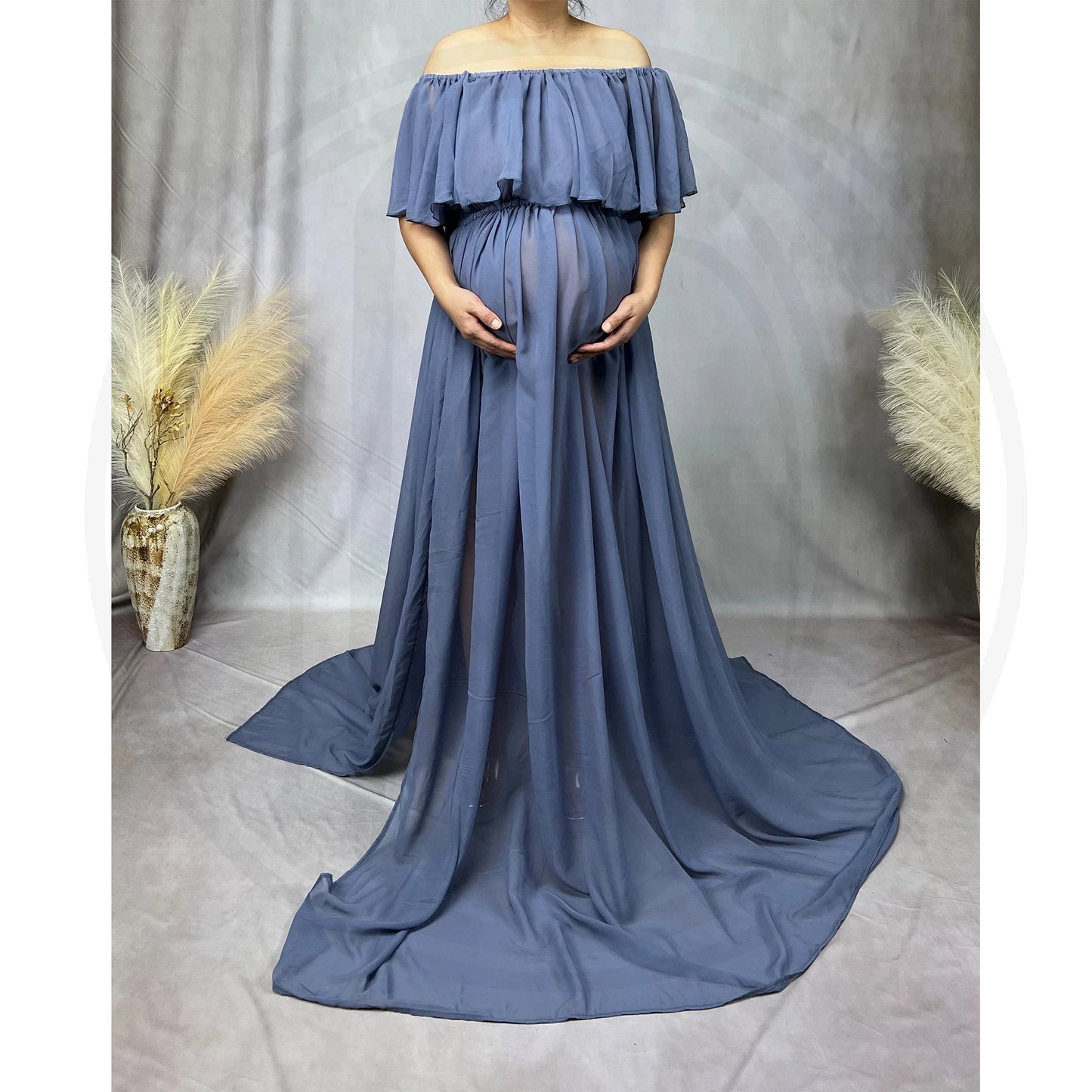 KMK - Chiffon Off The Shoulder Side Slit Maternity Gown