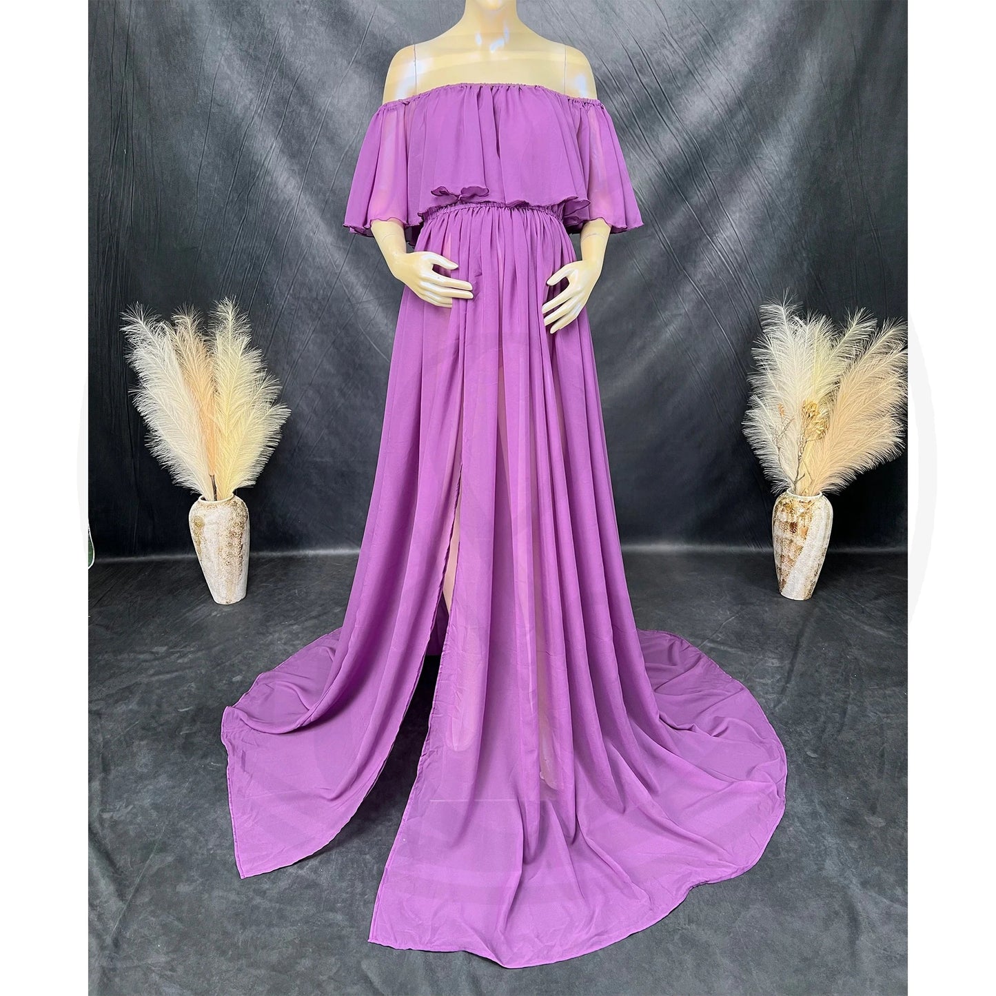 KMK - Chiffon Off The Shoulder Side Slit Maternity Gown