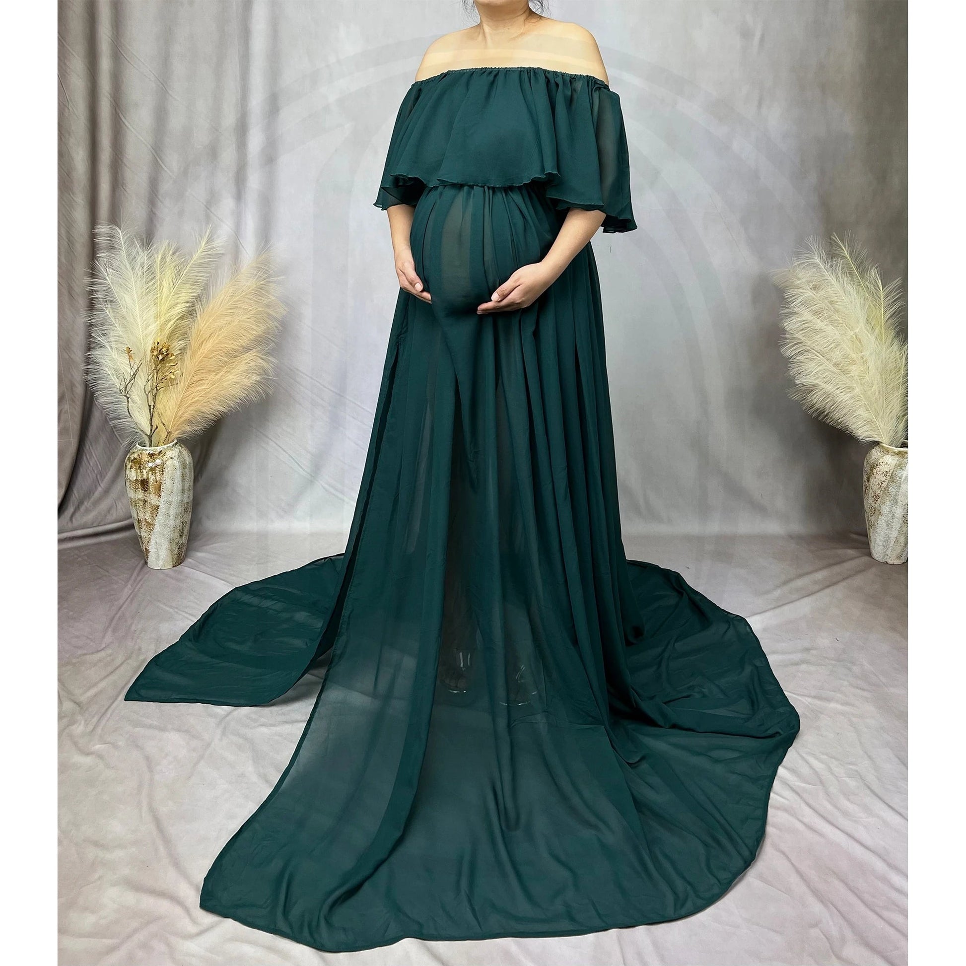 KMK - Chiffon Off The Shoulder Side Slit Maternity Gown