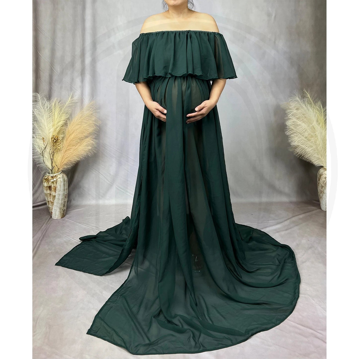 KMK - Chiffon Off The Shoulder Side Slit Maternity Gown