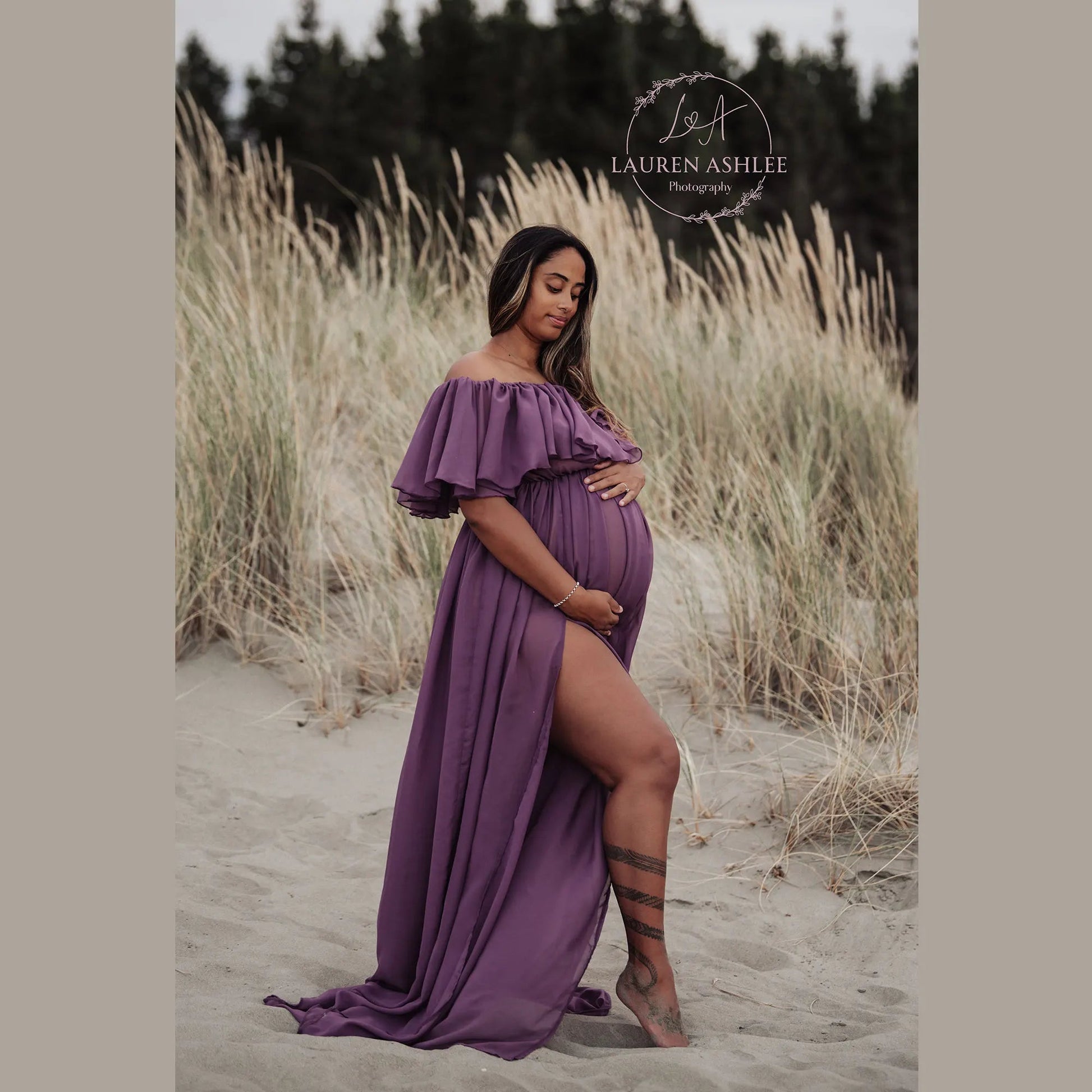 KMK - Chiffon Off The Shoulder Side Slit Maternity Gown