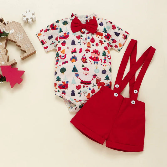 KMK - Christmas Bow Short Sleeve Romper + Shorts Set