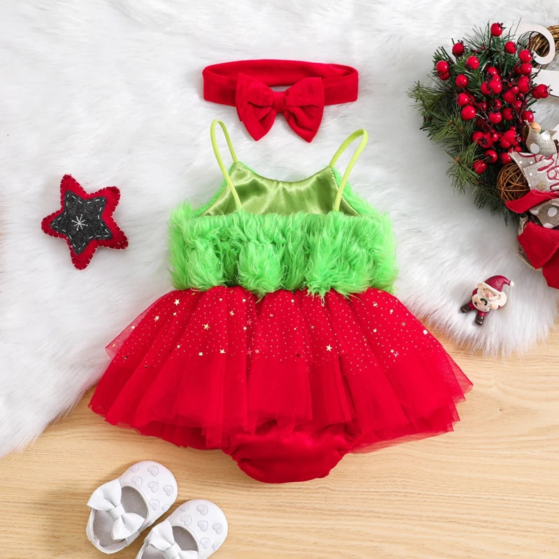 KMK - Christmas Grinchy Romper Dress + Headband