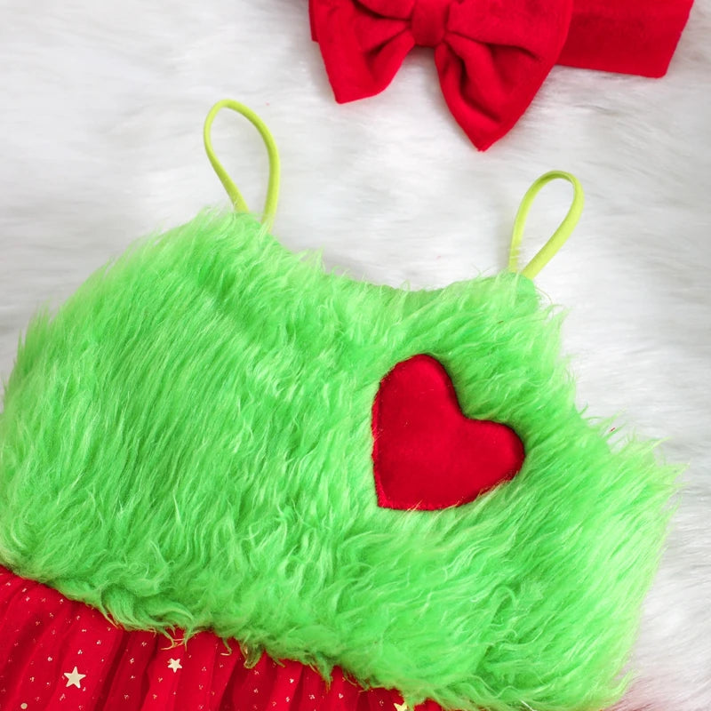 KMK - Christmas Grinchy Romper Dress + Headband