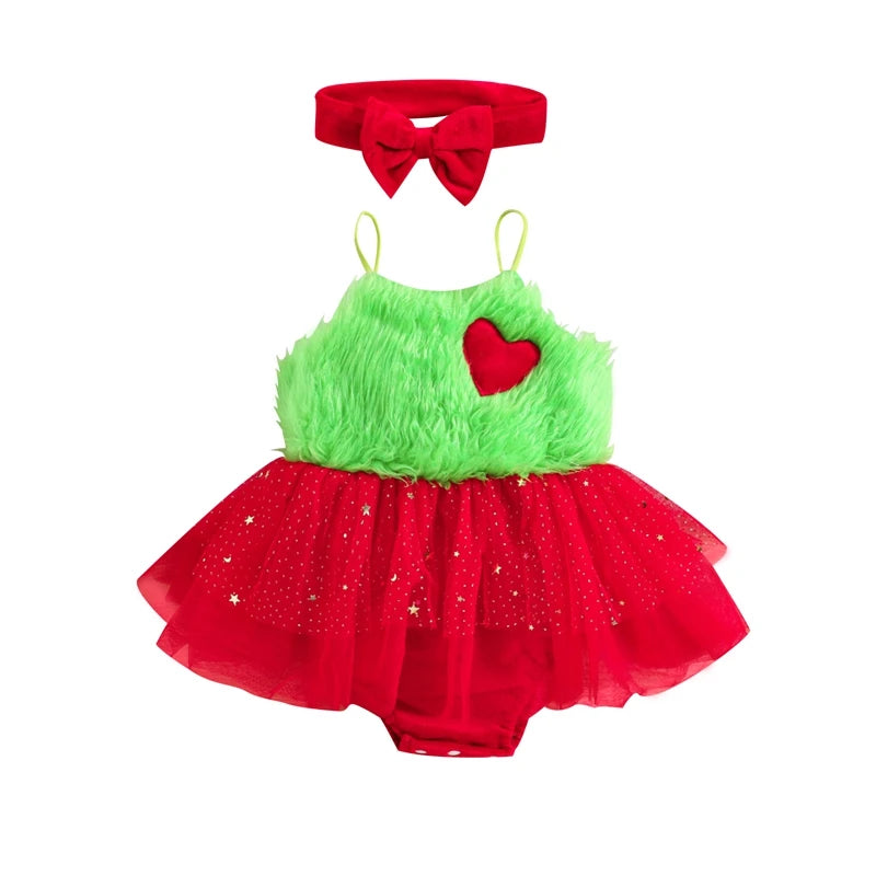 KMK - Christmas Grinchy Romper Dress + Headband