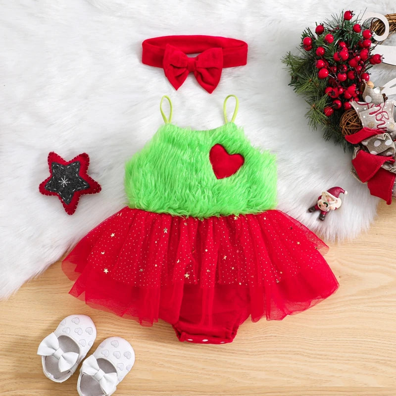 KMK - Christmas Grinchy Romper Dress + Headband