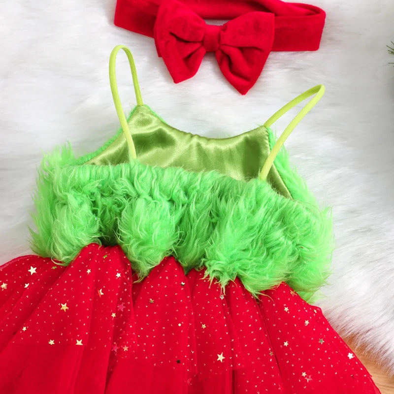 KMK - Christmas Grinchy Romper Dress + Headband