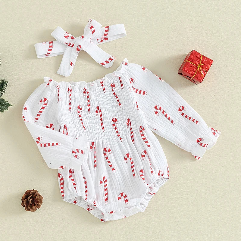 KMK - Christmas Long Sleeve Smocked Romper + Headband