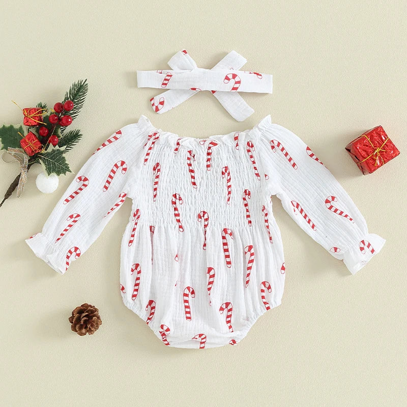 KMK - Christmas Long Sleeve Smocked Romper + Headband