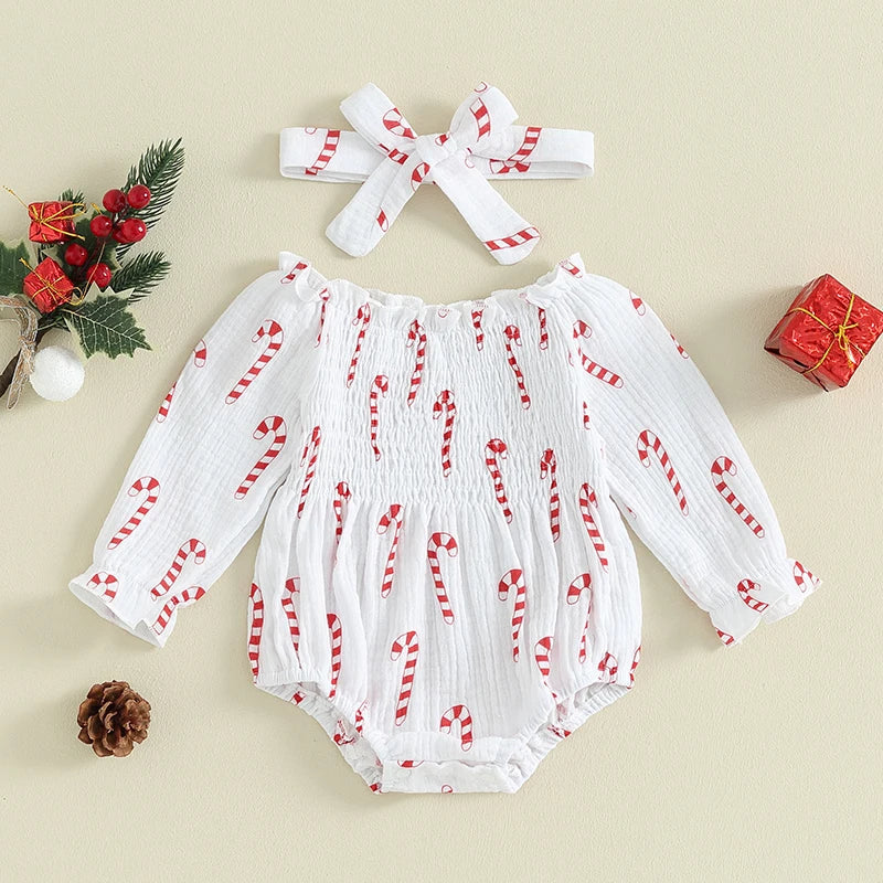 KMK - Christmas Long Sleeve Smocked Romper + Headband