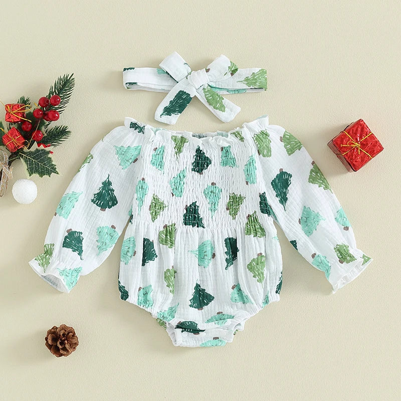 KMK - Christmas Long Sleeve Smocked Romper + Headband