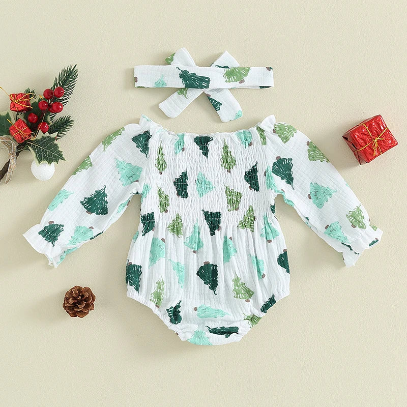 KMK - Christmas Long Sleeve Smocked Romper + Headband