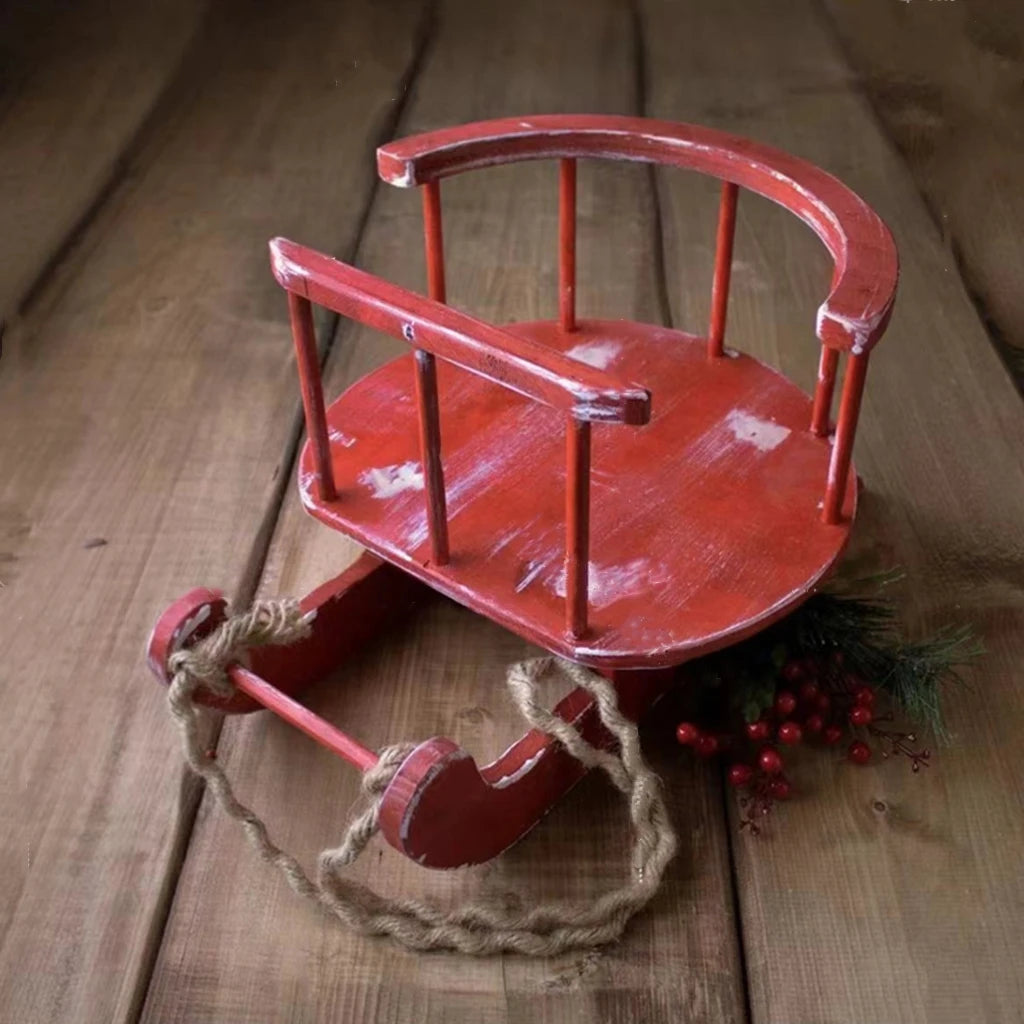 KMK - Christmas Newborn Red Wooden Sleigh Photo Prop