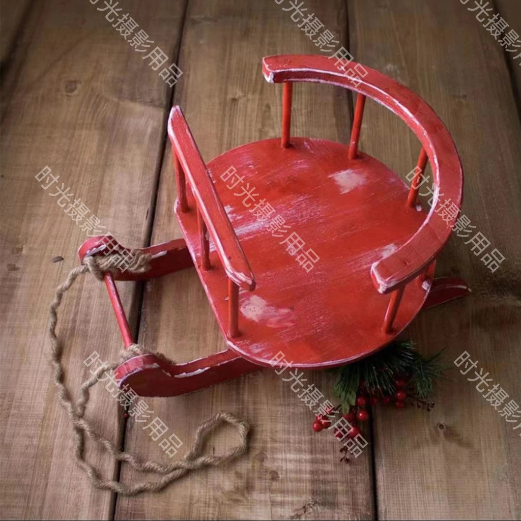 KMK - Christmas Newborn Red Wooden Sleigh Photo Prop