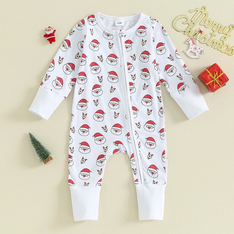 KMK - Christmas Santa Claus Print Long Sleeve Footed Jumpsuit