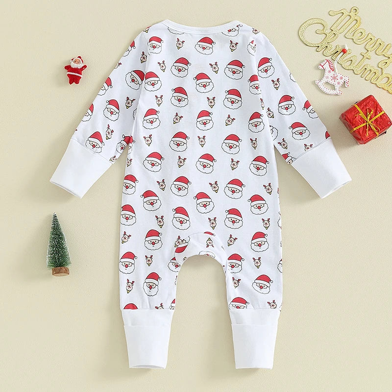 KMK - Christmas Santa Claus Print Long Sleeve Footed Jumpsuit