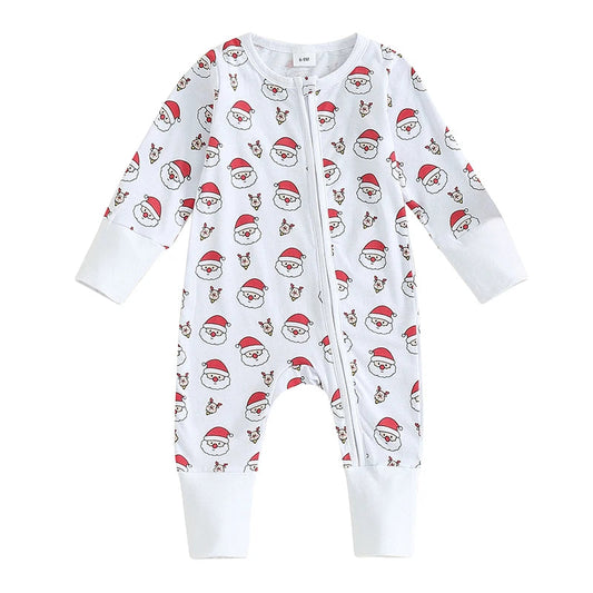 KMK - Christmas Santa Claus Print Long Sleeve Footed Jumpsuit