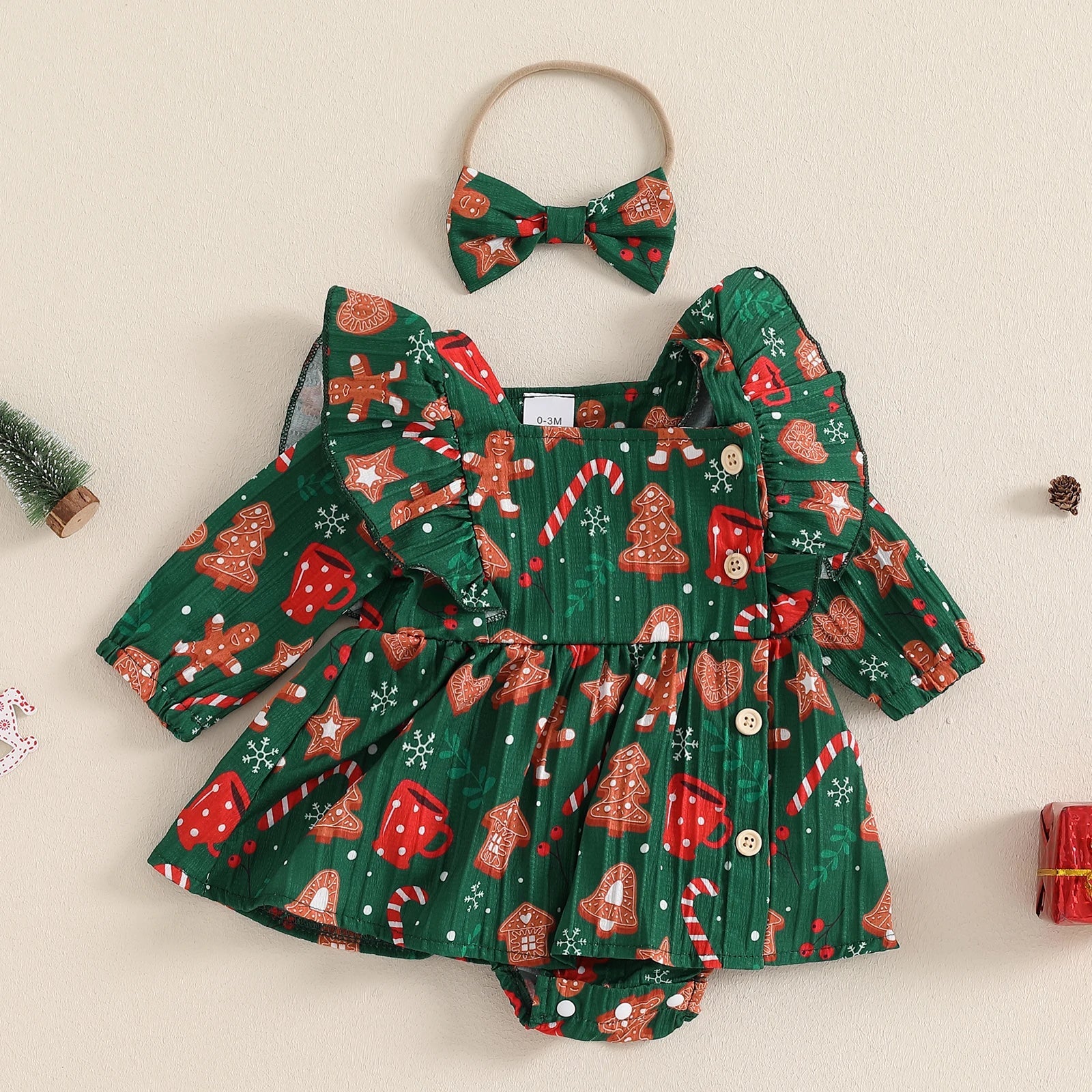 KMK - Christmas Tree Gingerbread Man Romper + Headband